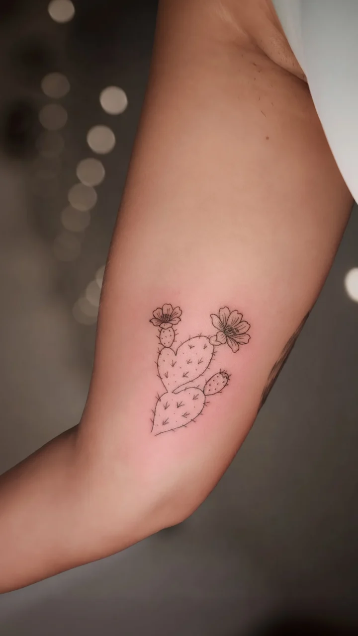 Tatuaggio sul braccio: due pale di fico d'India in fiore, con le spine disegnate a trattini, tutto a linea sottile.