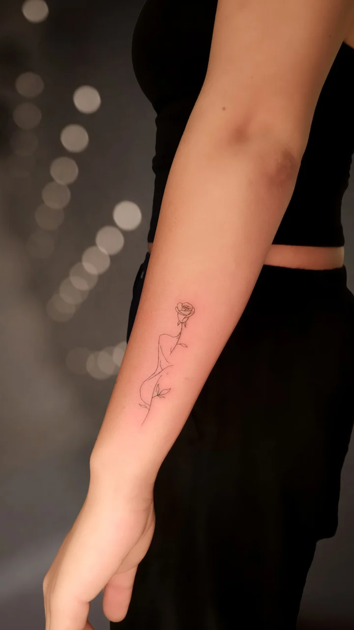 Tatuaggio sull'avambraccio: una rosa il cui stelo disegna il profilo di un corpo, tutta in una linea sottile continua.
