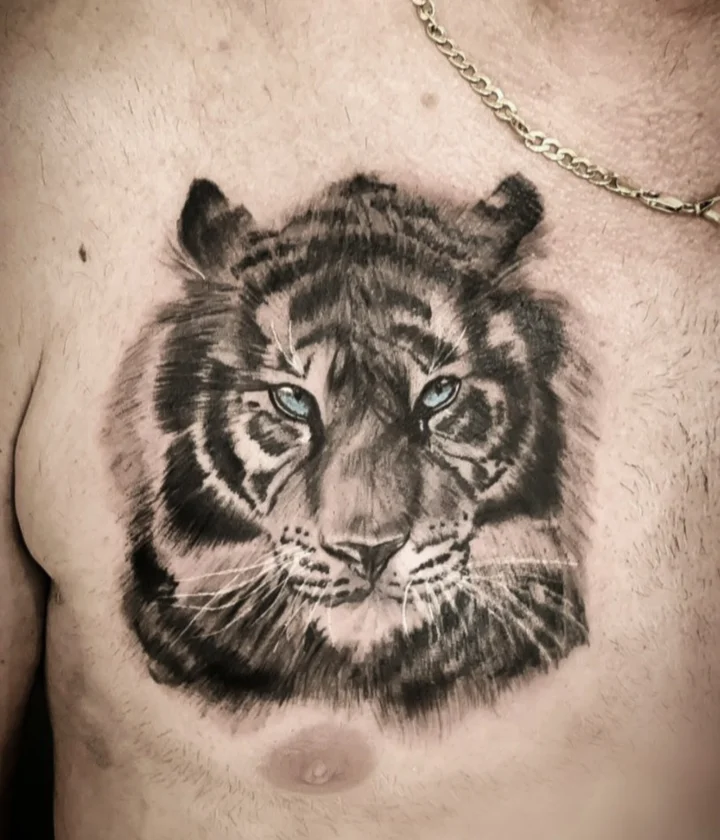 Tatuaggio sul petto: muso di tigre in nero e grigio, con gli occhi azzurri come unico colore.